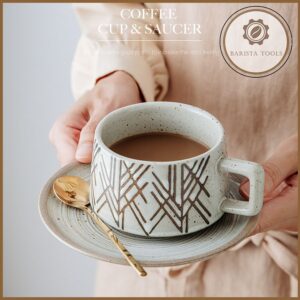 Ly, tách sứ uống cà phê men cố họa tiết xương cá 250ml (kèm đĩa kê)